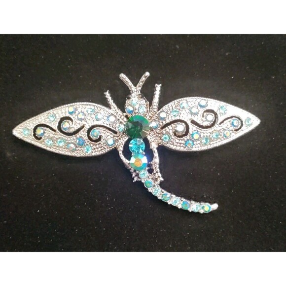 Silver Tone & Blue Rhinestone Dragonfly Brooch 3"X2" - Picture 1 of 4
